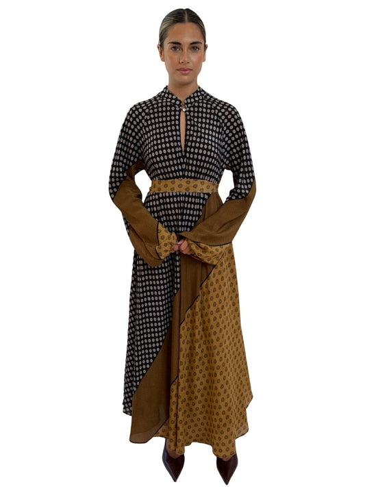 Mes Demoiselles Khaki / Black Diagonal Print Silk Dress. Size: 38