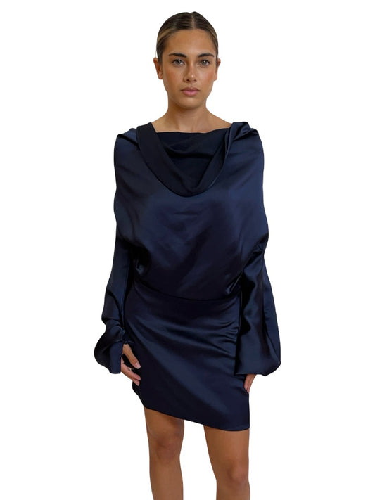 Camilla & Marc Navy Satin Cow Neck Dress. Size: 10