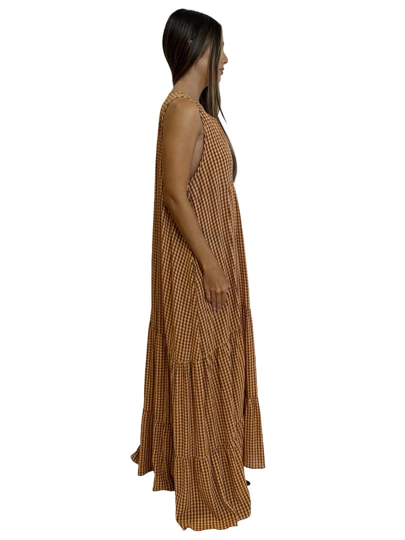 Beatrice Red / Yellow Gingham Sleeveless Tiered Dress. Size: L