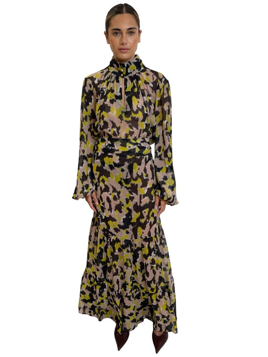 Husk Black / Pink / Yellow Sheer Silk Print Maxi Dress. Size: 14