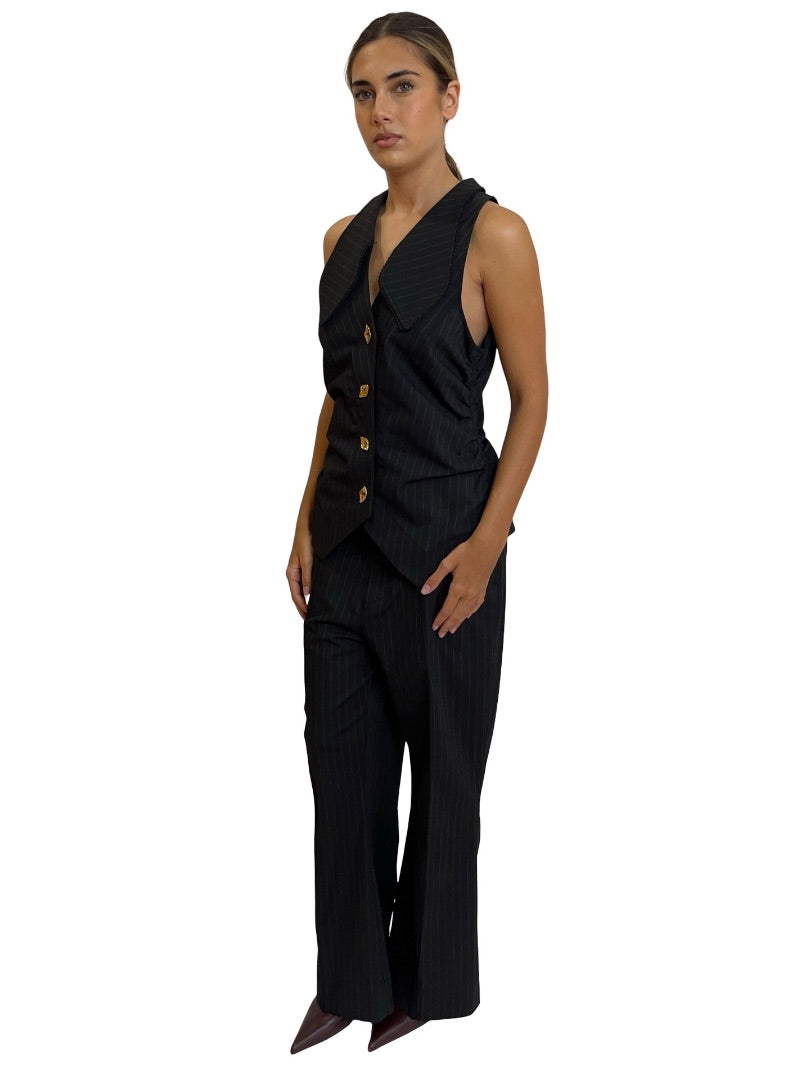 Ganni Black Gathered Vest/Bootcut Pant Pinstripe Set. Size: 38-40
