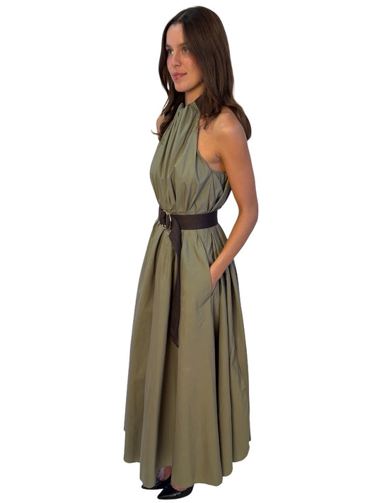 Scanlan Theodore Khaki Belted Halter Neck Maxi Dress. Size: 8