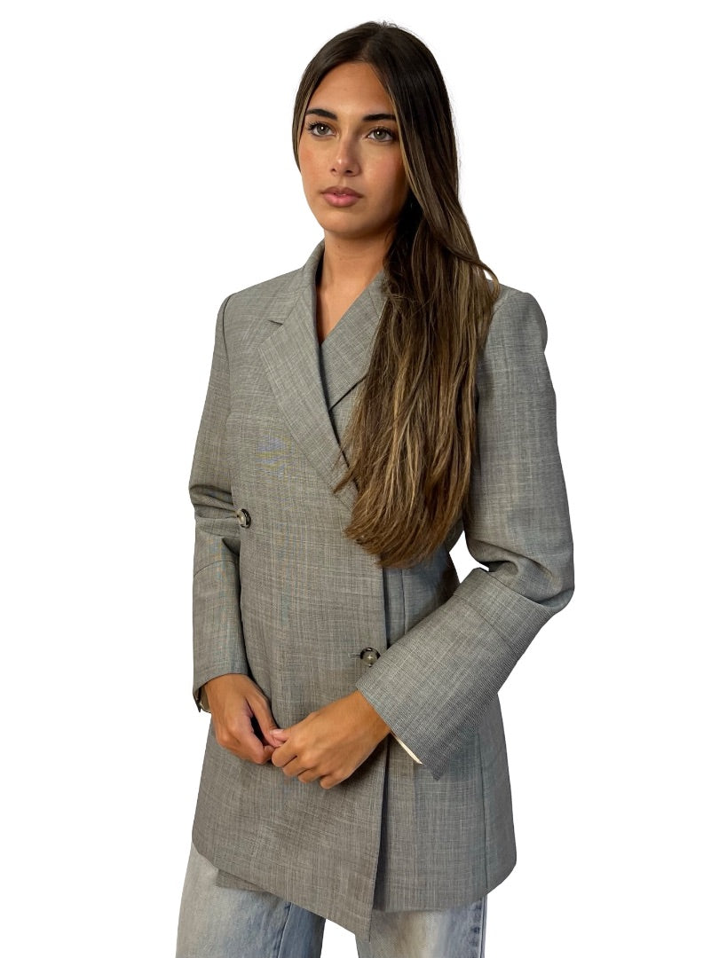 Helmut Lang Grey Double Breasted Wool/Mohair Blazer. Size: 4