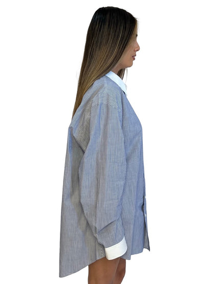 Celine Blue / White Pinstripe Shirt w/ Logo Embroidered Pocket. Size: 44