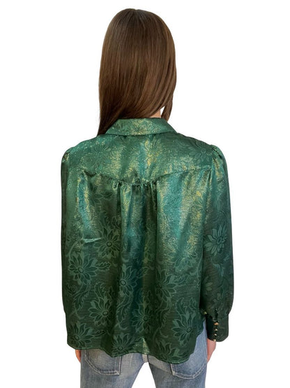 O.P On Parks Green / Gold Metallic Thread Shirt w/ Floral Print. Size: 12