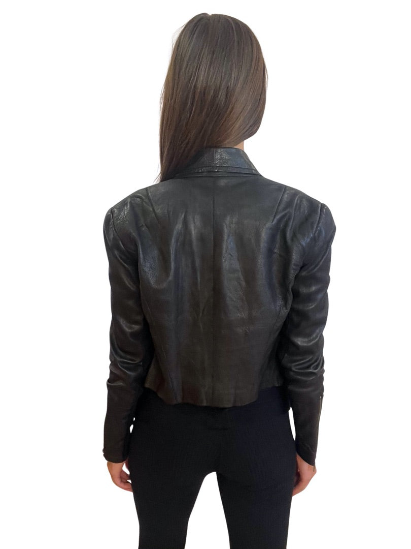 Husk Black Cropped Long Sleeve Handkerchief Leather Jacket. Size: 12