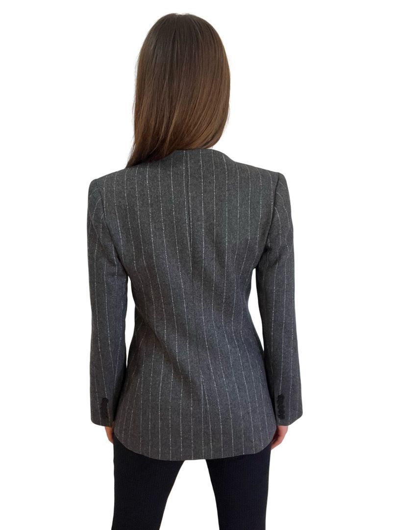Carla Zampatti Grey Charcoal Italian Wool Pinstripe Blazer. Size: 6