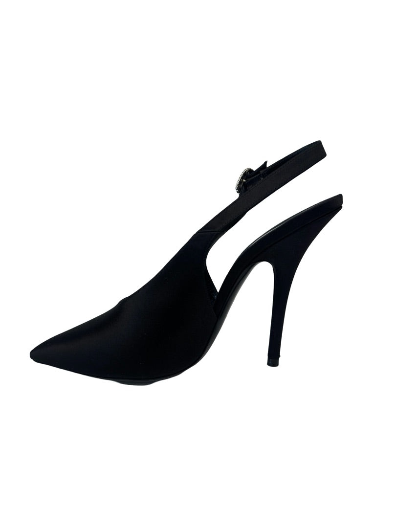 Saint Laurent Black Yasmeen Slingback Satin Heel w Diamond Buckle. Size: 38.5