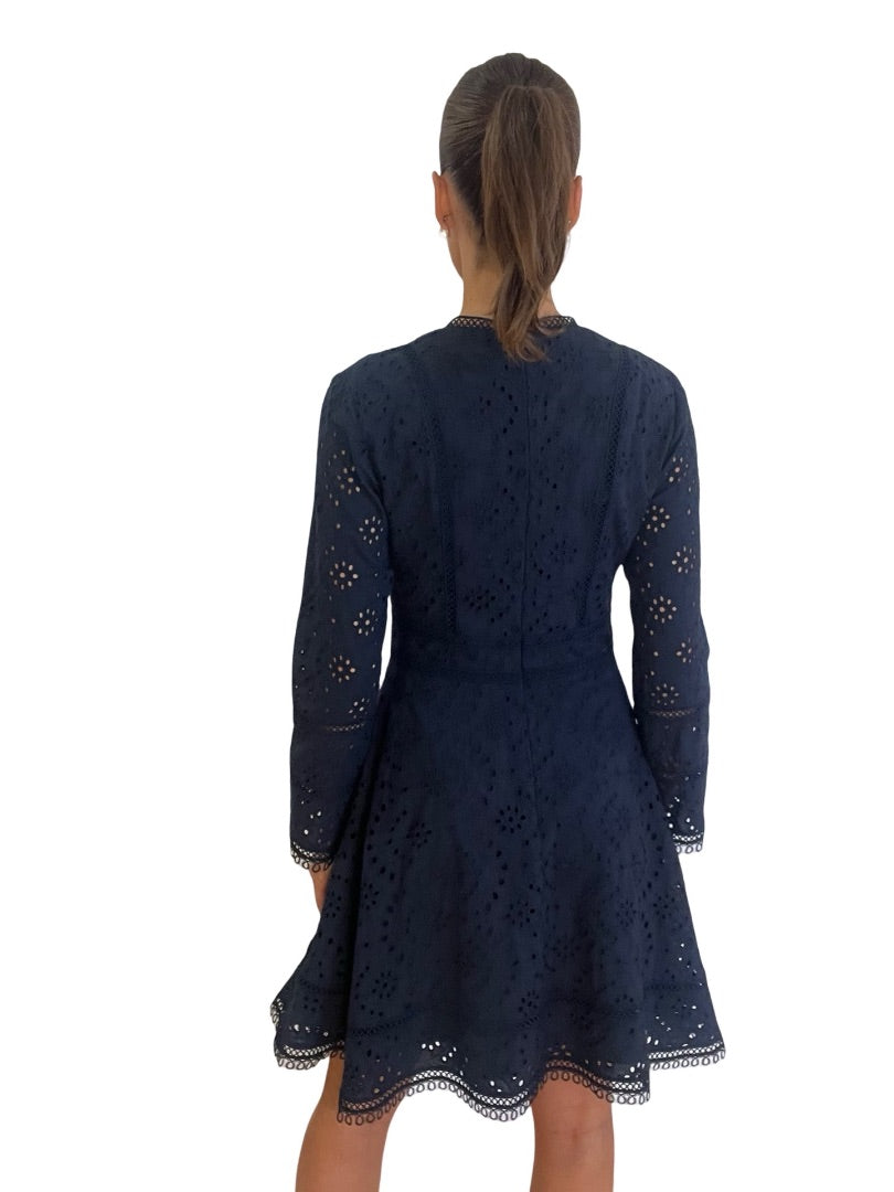 Reiss Navy Long Sleeve Eyelet Dress. Size: 10