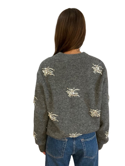 Burberry Grey Embellished Embroided  Horse Logo Knit Jumper. Size: M
