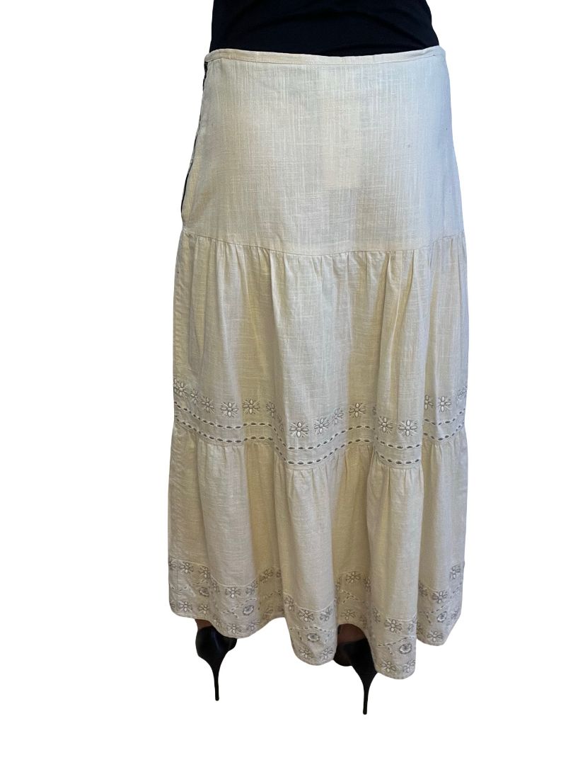 Flannel Neutral Embroidered Flower Maxi Skirt w/ Silver Thread. Size: 1