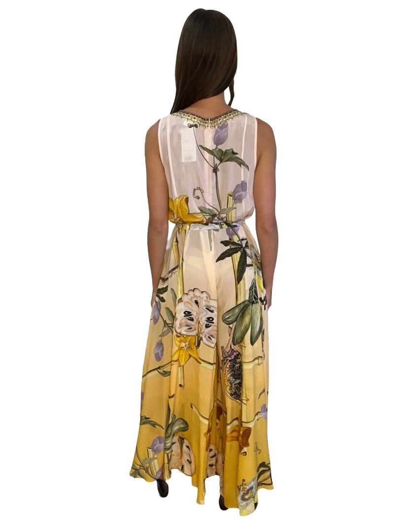 Camilla Pink/Yellow Silk Floral Jumpsuit W Tie. Size: S