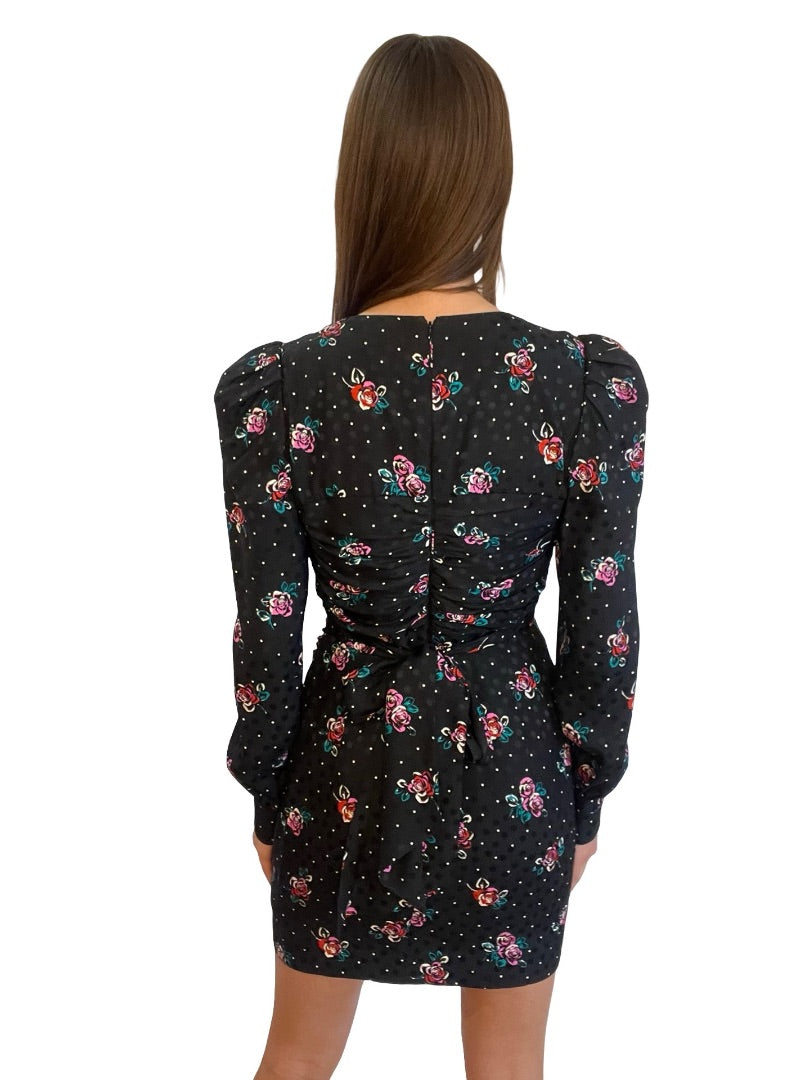 Alessandra Rich Black/Multi Long Sleeve Mini Dress with Rouched Bodice. Size: 42