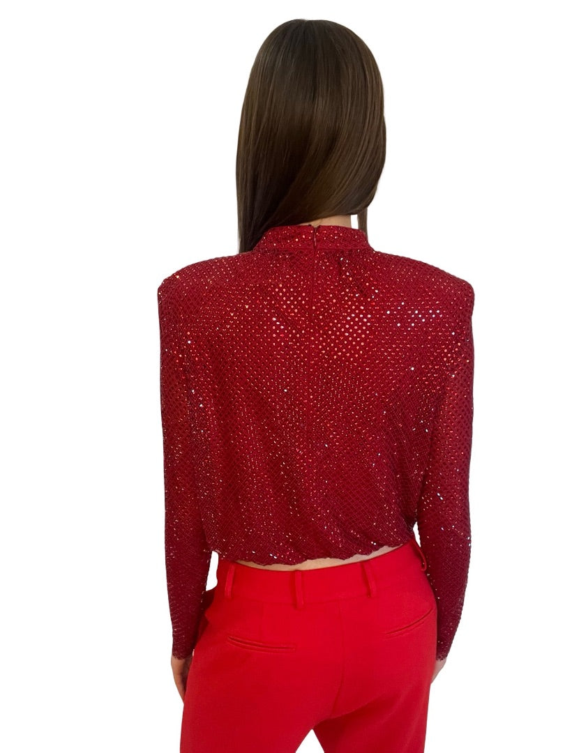 Self Portrait Red Rhinestone Fishnet Top. Size: 10