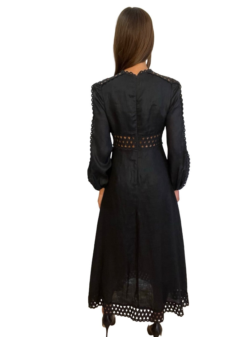 Zimmermann Black Embroidered Cut Linen Dress. Size: 1