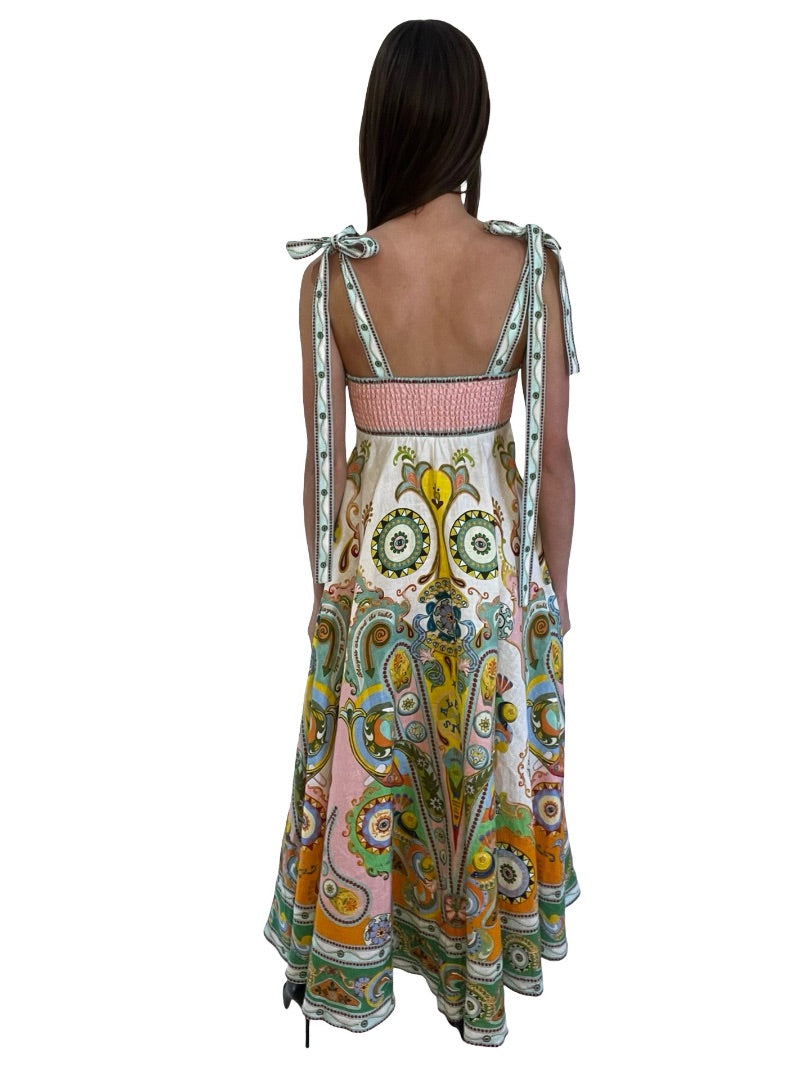 Alemais White/Multi Long Print Cotton Linen Maxi Dress w Bow Straps. Size: 6