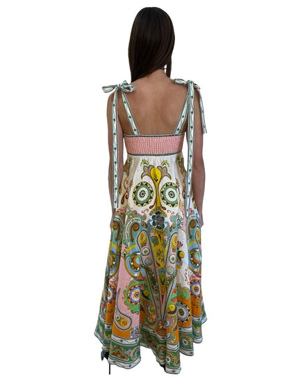 Alemais White/Multi Long Print Cotton Linen Maxi Dress w Bow Straps. Size: 6