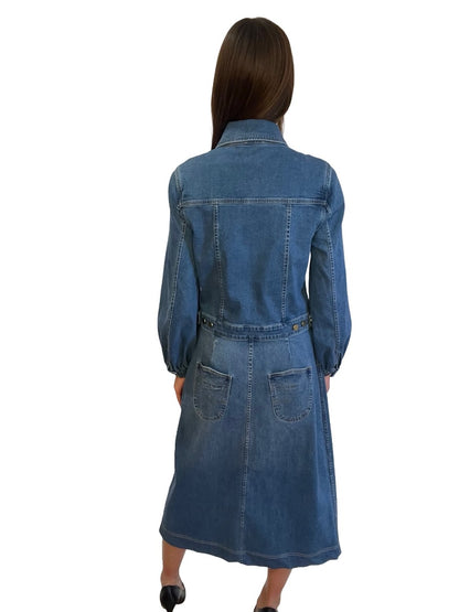 Flannel Blue Denim Dress Long-Sleeve with Pocket Detail. Size: M