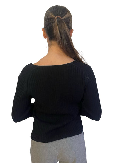 By Malene Birger Black Wool Rib Knit Top w/ Flare Sleeves. Size: XS