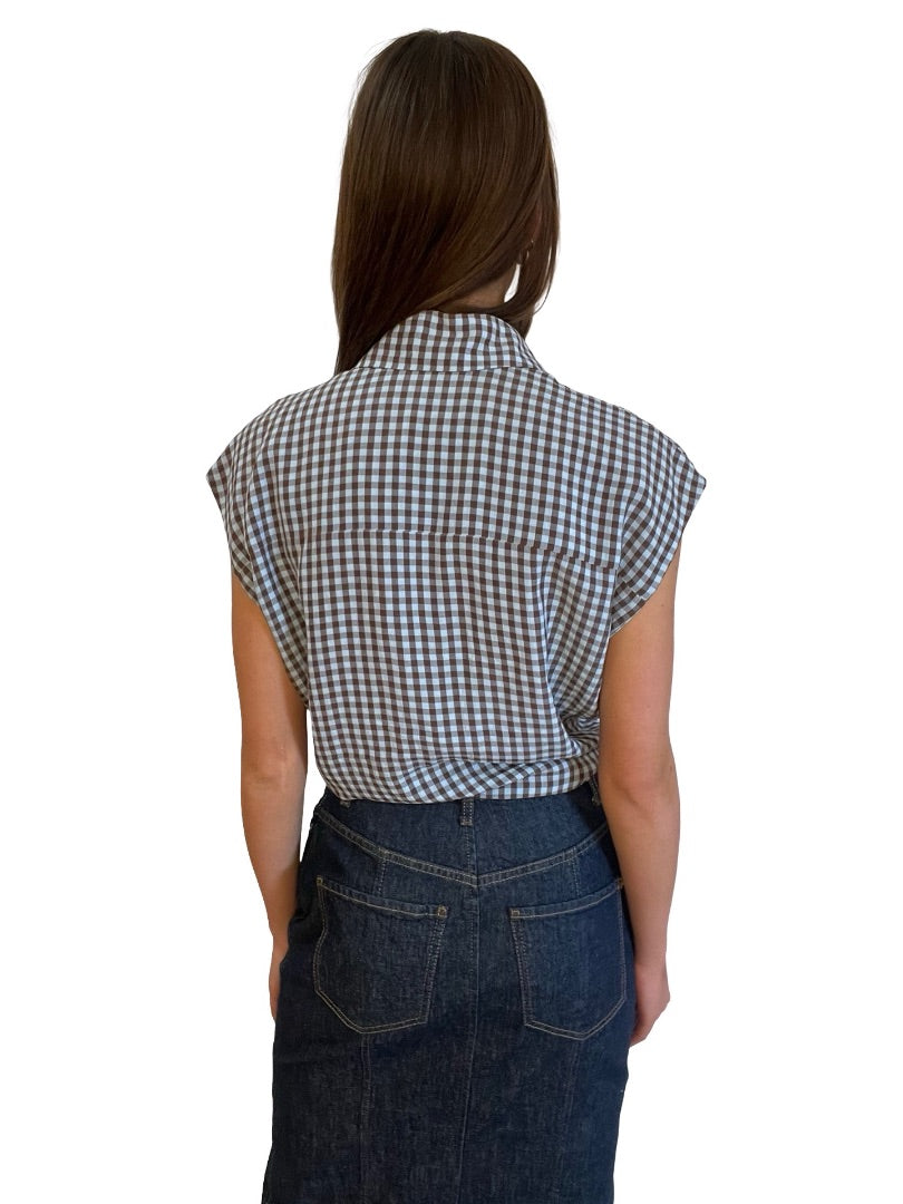 Scanlan Theodore Blue / Brown Gingham Sleeveless Tie Top. Size: 6