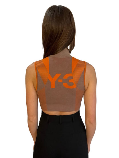 Y-3 Orange / Brown Sleeveless Turtleneck Sports Crop Top. Size: S