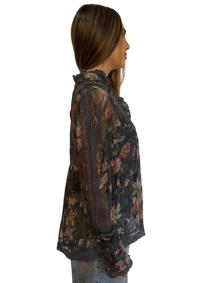 Zimmermann Grey Floral Print Silk Blouse w/ Lace Trim. Size: 0