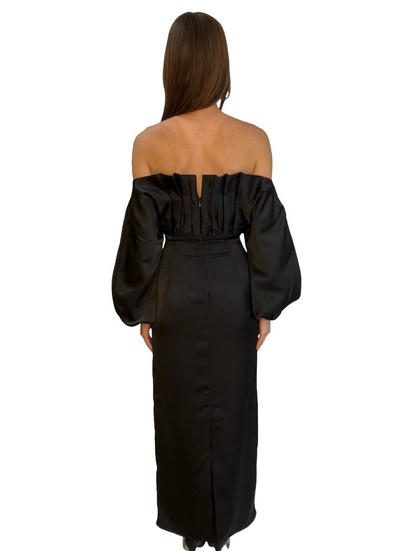 By Malina Black Satin Off The Shoulder Dress. Size: 8
