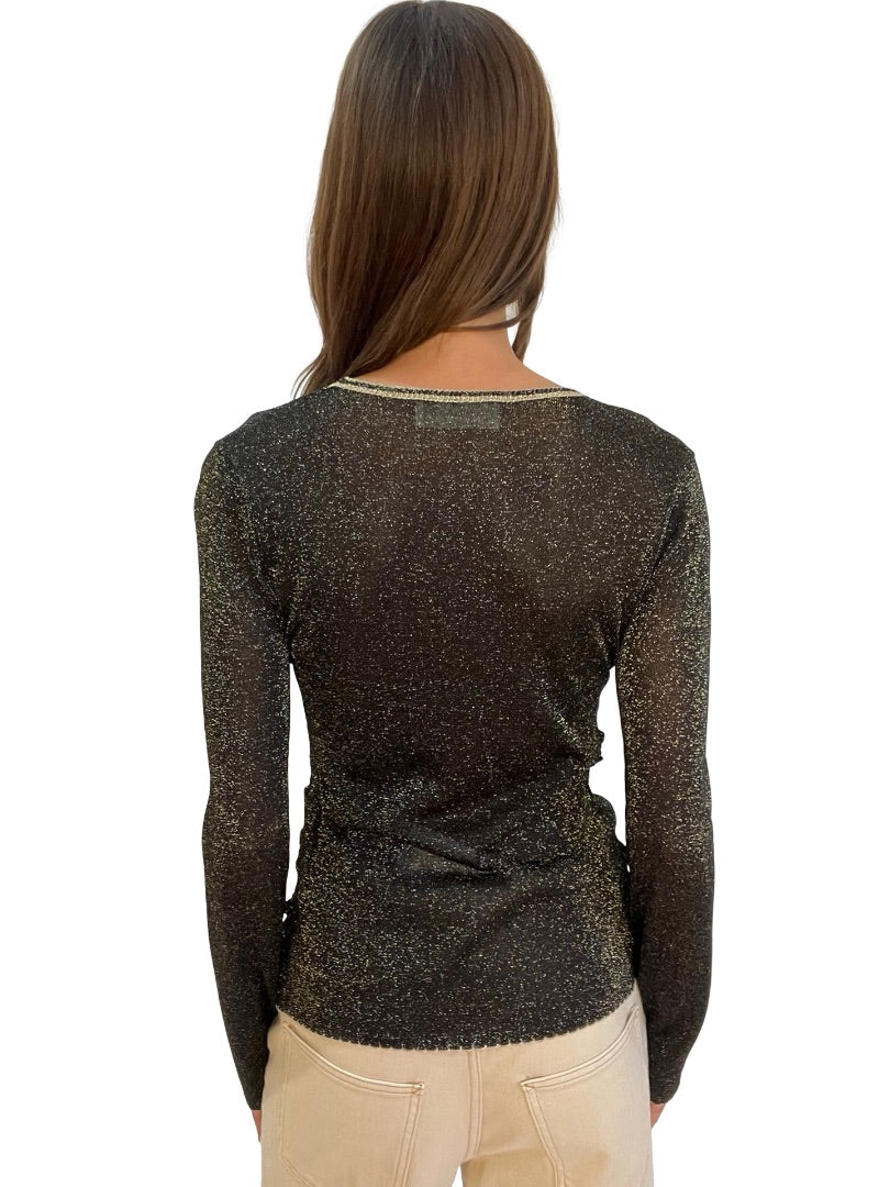 Peter Pilotto Black/Gold Metallic Gathered Long Sleeve Top. Size: M