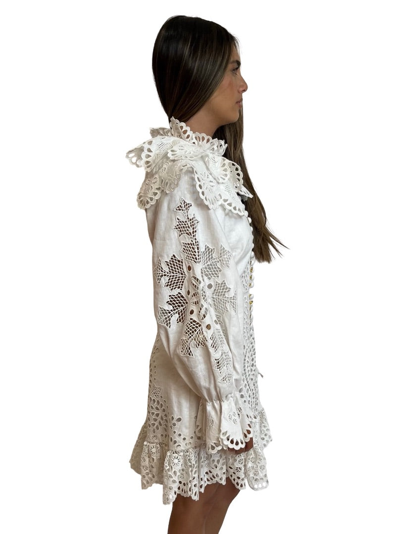 Zimmermann White Embroidered Cut Out Long Sleeve Mini Dress. Size: 1
