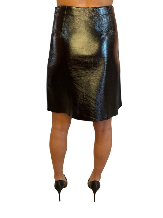 Scanlan Theodore Black High Shine Leather A-Line Skirt. Size: 8