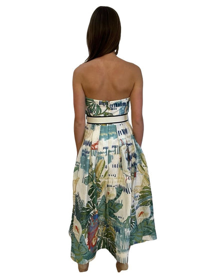 Leo Lin White Multicolour Print Strapless Puff Dress. Size: 10