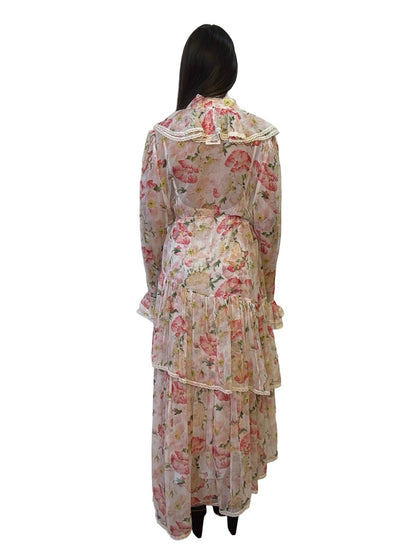 Zimmermann Pink Lace Trim Floral Tiered Dress. Size: 4