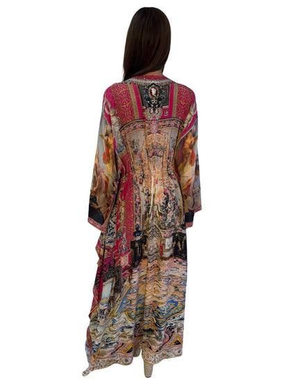 Camilla Pink 'Lounge Hour' V Neck Silk Kaftan W Waist Tie. Size: L/XL