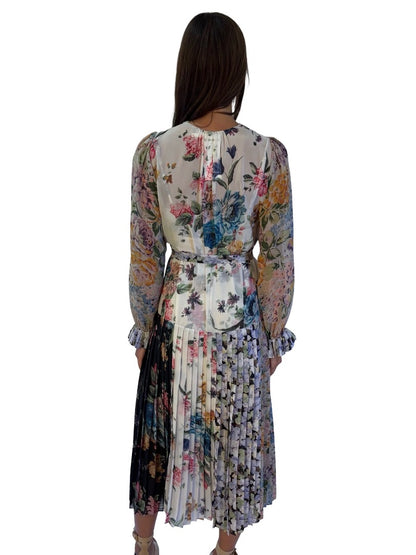 Zimmermann Purple/Multi Floral Pleated Dress W Slip and Belt Tie. Size: 1
