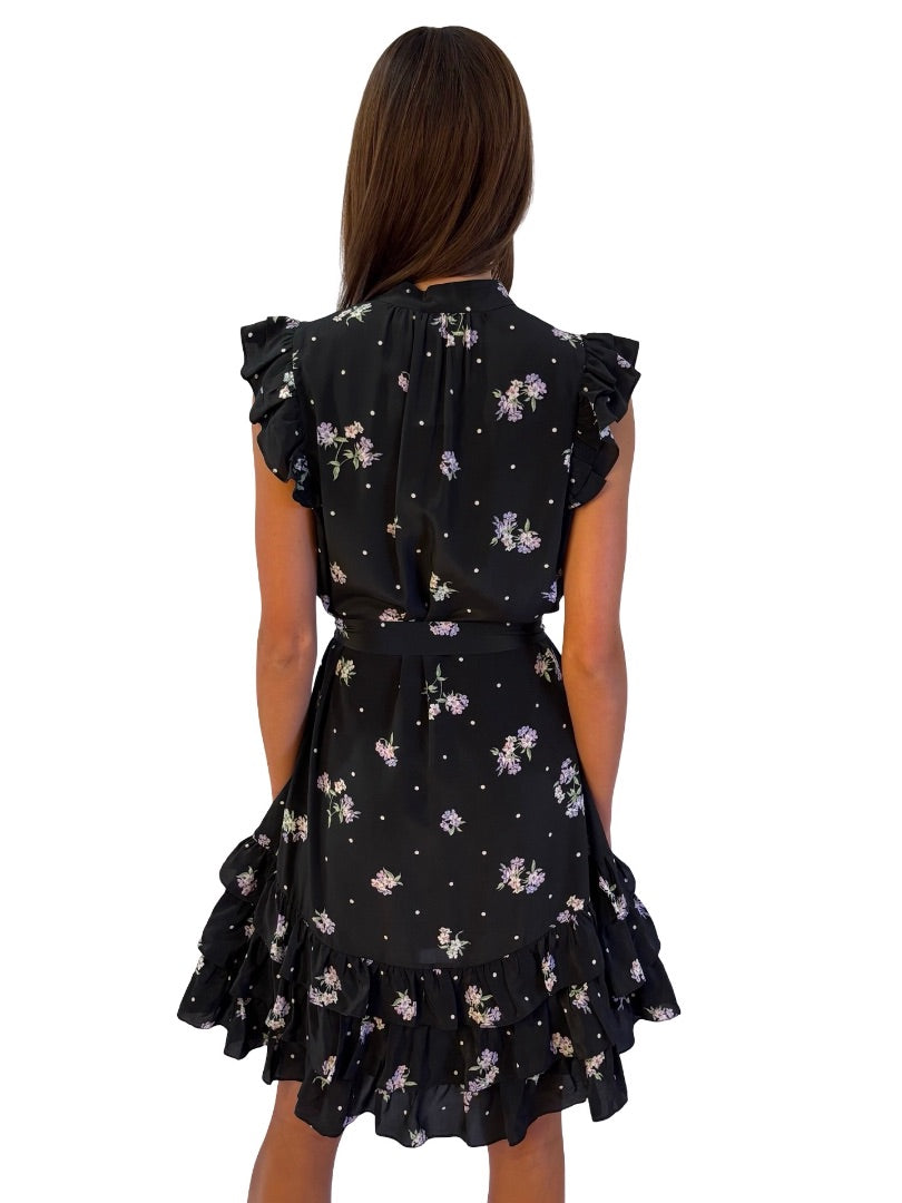 Zimmermann Black/Purple Floral Sleeveless Ruffle Belted Silk Dress. Size: 3