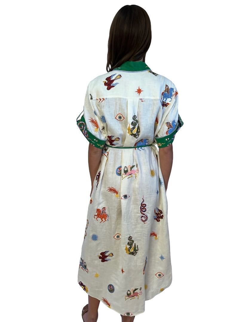 Alemais Neutral / Multi-Colour Seeker Embroidered Linen Shirt Dress. Size: 8