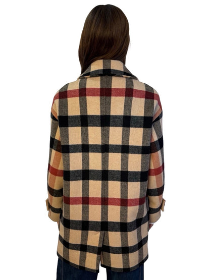 Husk Beige/Red Checkered Wool/Cashmere Coat. Size: XS
