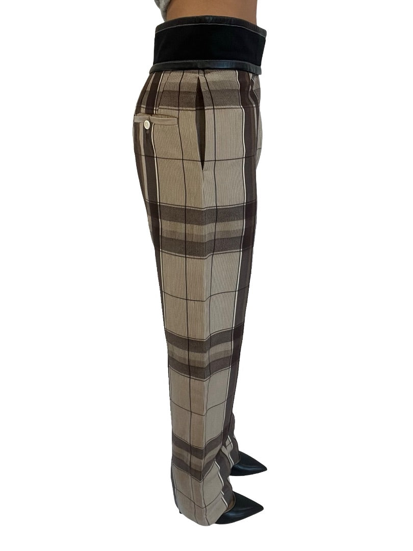 Celine Beige Plaid Trousers W Leather Velcro Waistband. Size: 34
