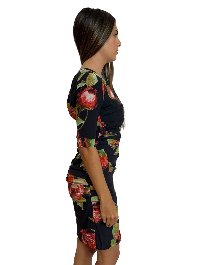 Dolce & Gabbana Black/Red Scoop Neck Floral Silk Dress. Size: 38