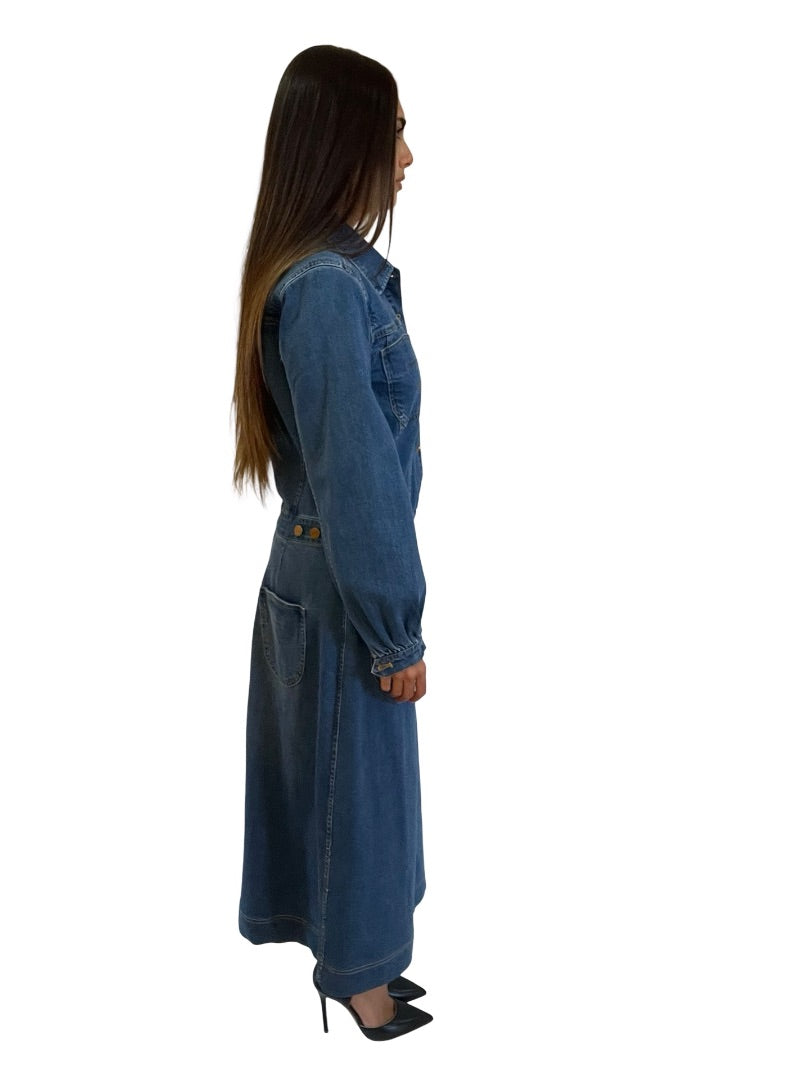 Flannel Blue Denim Dress Long-Sleeve with Pocket Detail. Size: M