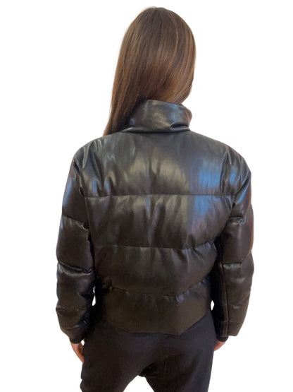Husk Black Faux Leather Puffer Jacket. Size: S