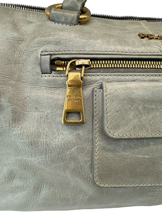 Prada Grey Vintage Leather Shoulder Tote Bag.
