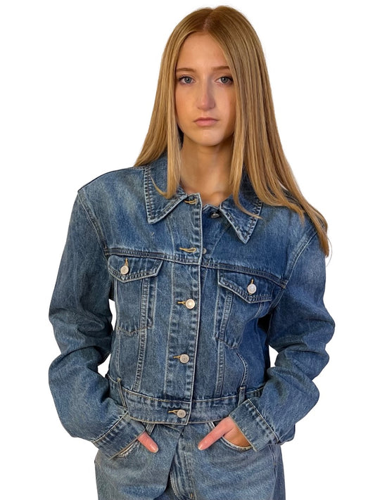 Bayse Denim Blue Cropped Denim Jacket. Size: 10/M