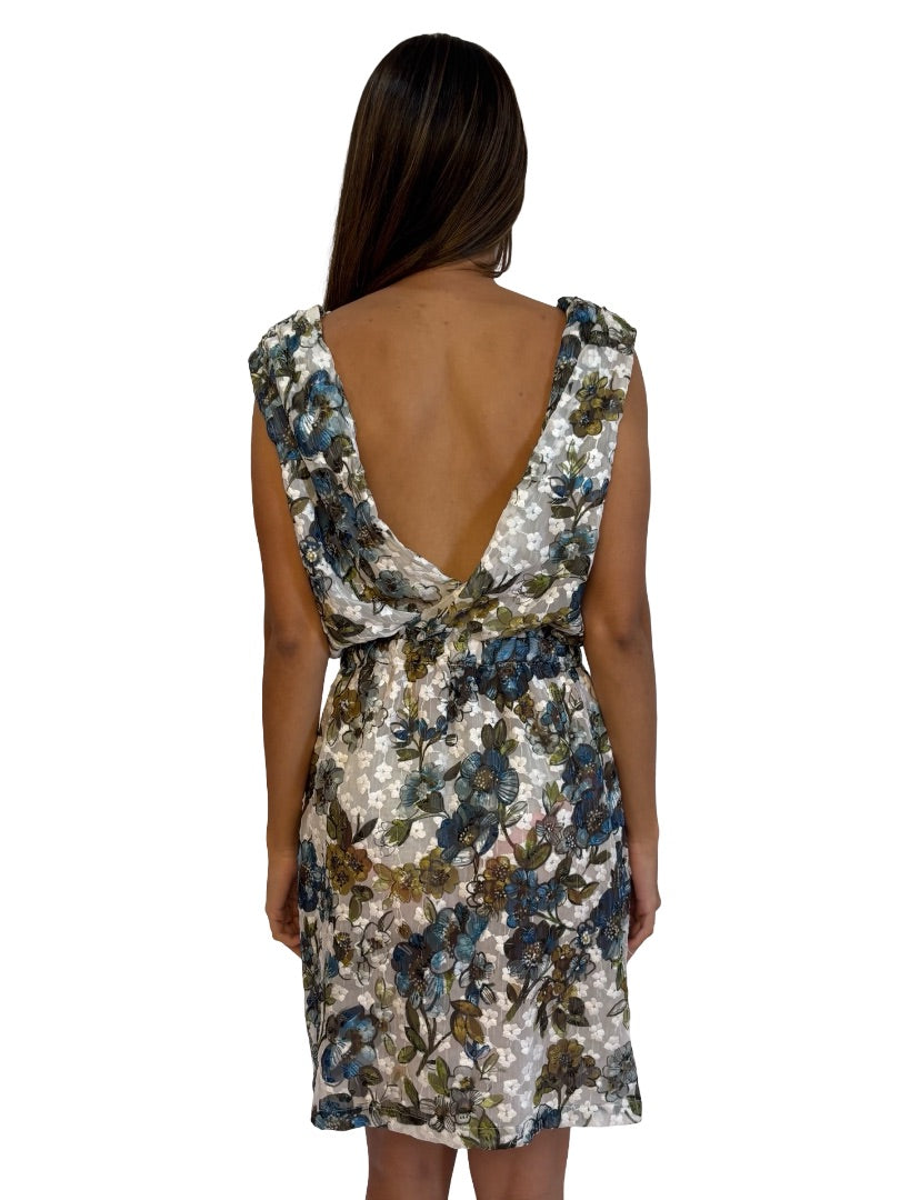 Scanlan Theodore Blue / Green Floral V Neck Mini Dress. Size: 8