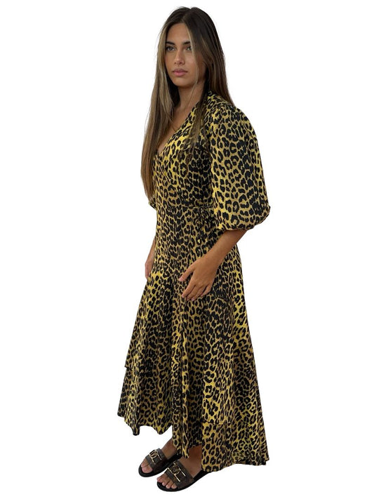Ganni Yellow Leopard Cotton Maxi Wrap Dress. Size: 36