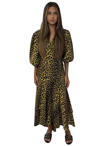 Ganni Yellow Leopard Cotton Maxi Wrap Dress. Size: 36