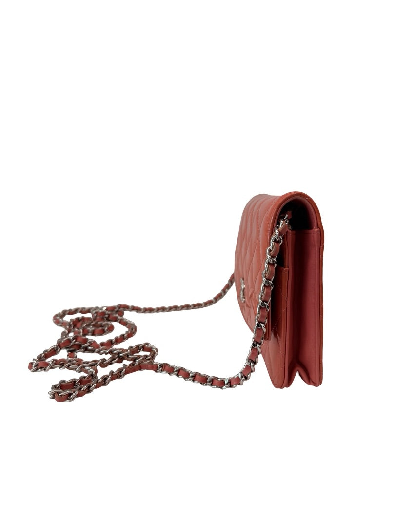 Chanel Salmon Patent CC Wallet On Chain Crossbody Bag.