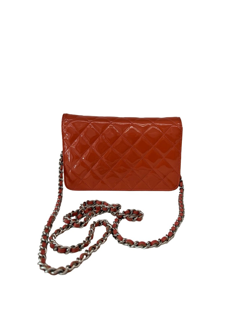 Chanel Salmon Patent CC Wallet On Chain Crossbody Bag.