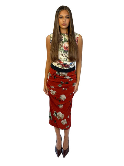 Dolce & Gabbana Red / Multicolour Floral Print Ruched Dress. Size: 42