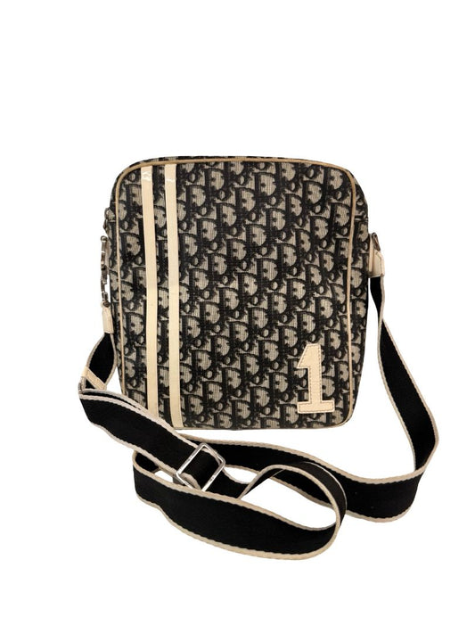 Christian Dior Black / Neutral Vintage Trotter Cloth '1' Crossbody Bag.
